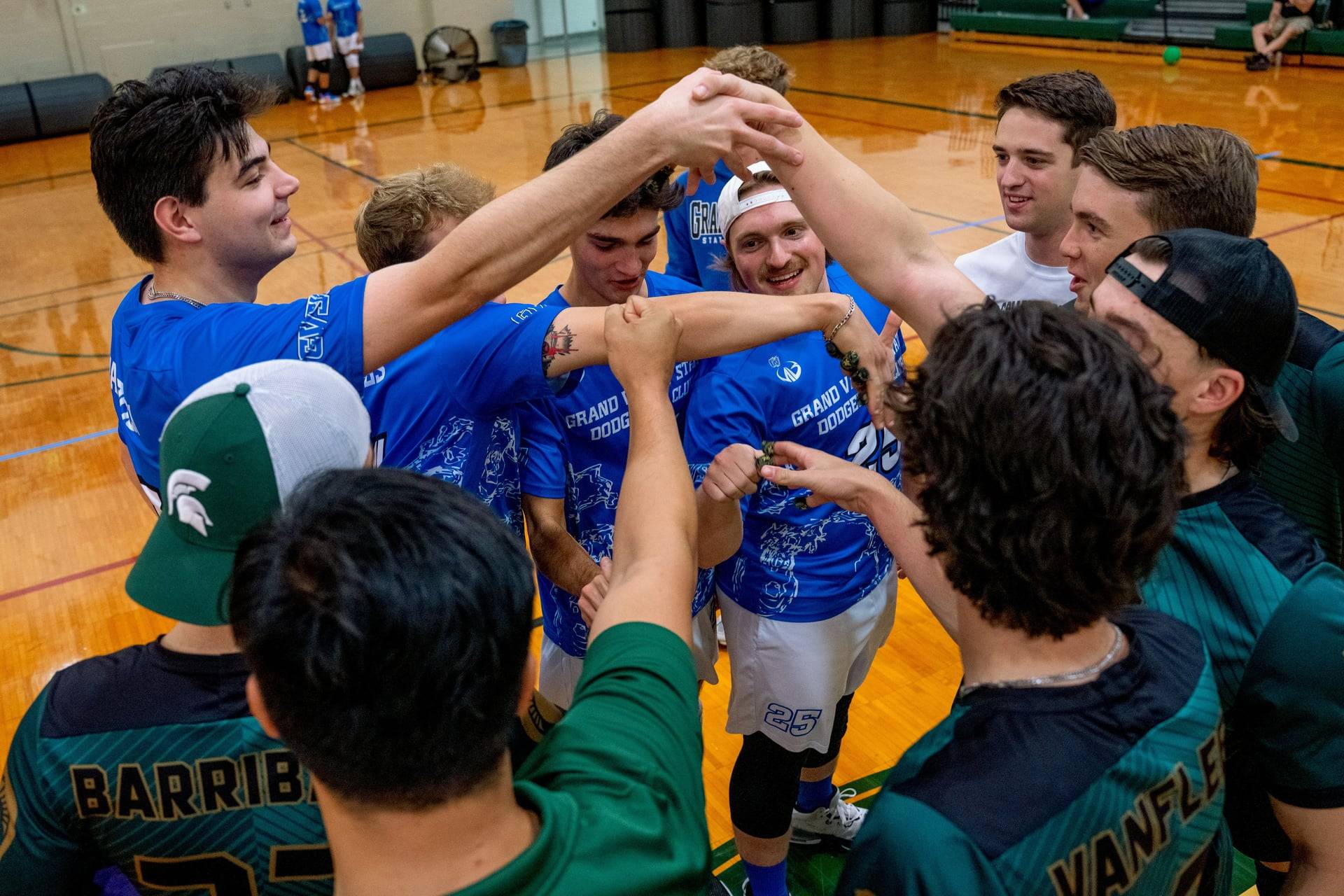 Dodgeball players showing sportsmanship.